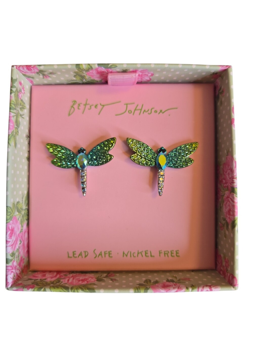 Betsey Johnson Green Crystal Dragonfly Earrings NWT